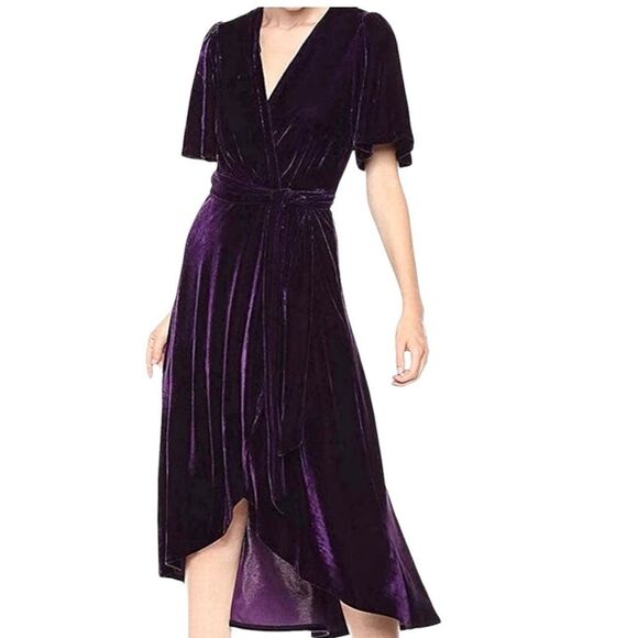DONNA MORGAN Purple Velvet Faux Wrap Waist Tie Dress Party Holiday Size 6 - Picture 1 of 12